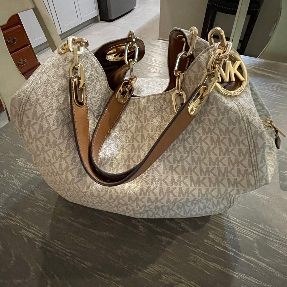 Michael Kors Cream and Brown Shoulder Bag with Gold Hardware
